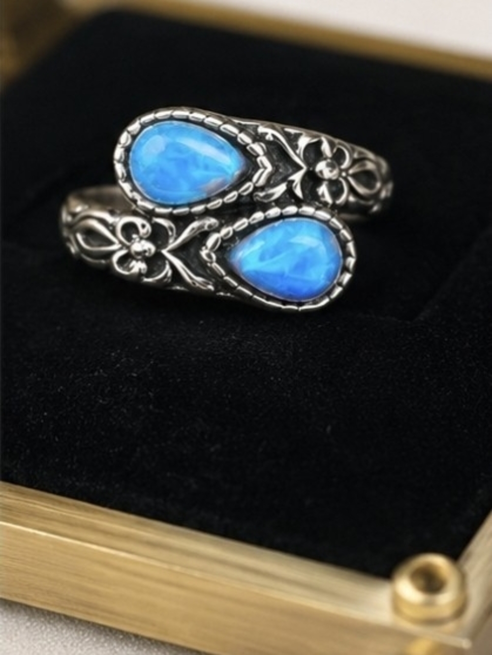 Blue Opal Style Adjustable Silver Tone Ring – Size 7 to 8